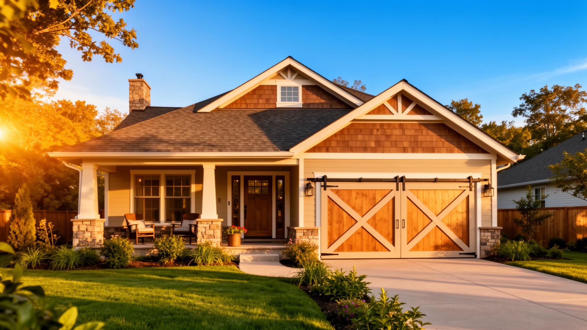 Beautiful craftsman bungalow with farmhouse barn-style garage doors featuring X-pattern design